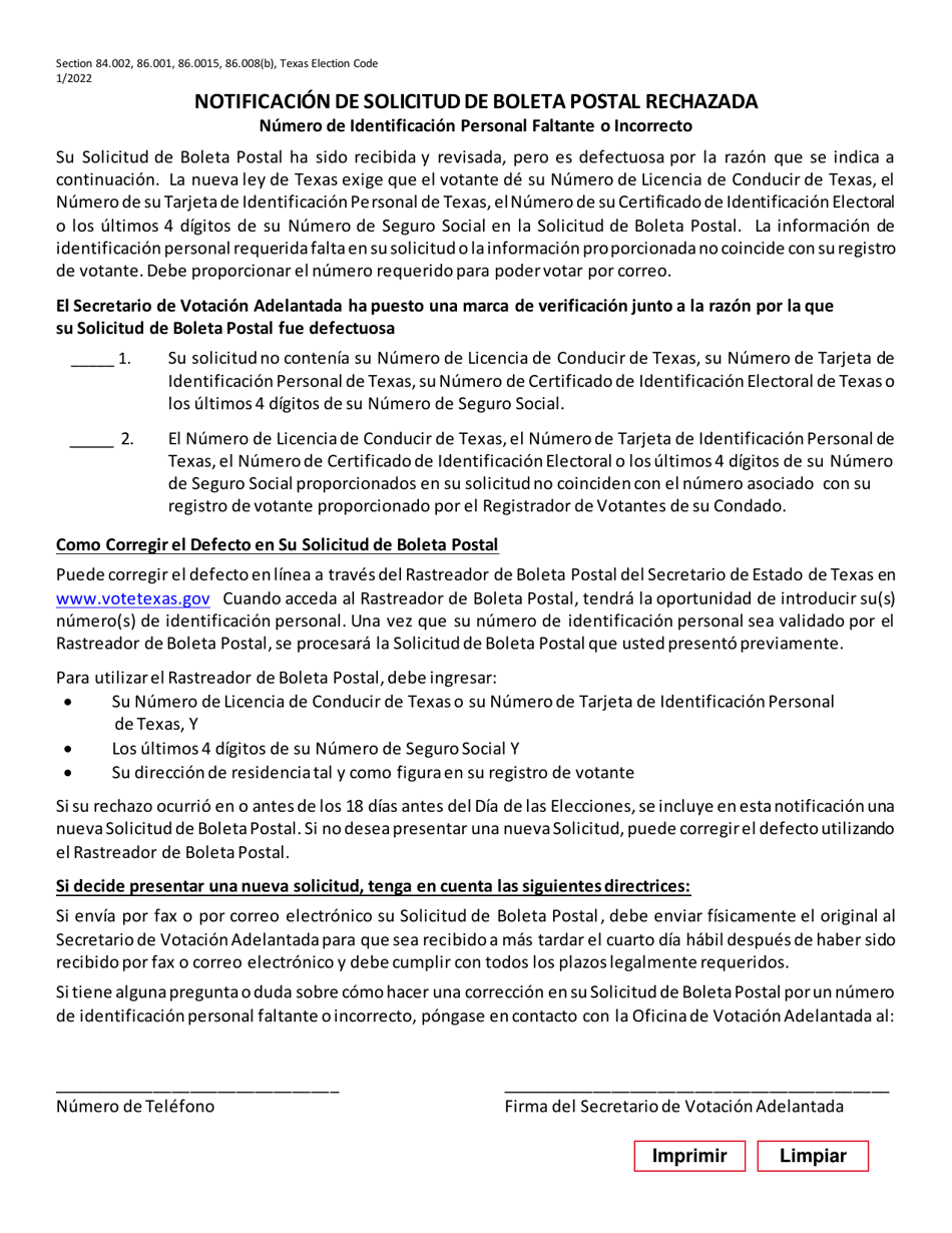 Form 6-3 Notice of Rejected Application for Ballot by Mail - Missing or Incorrect Personal Identification Number - Texas (English / Spanish), Page 2
