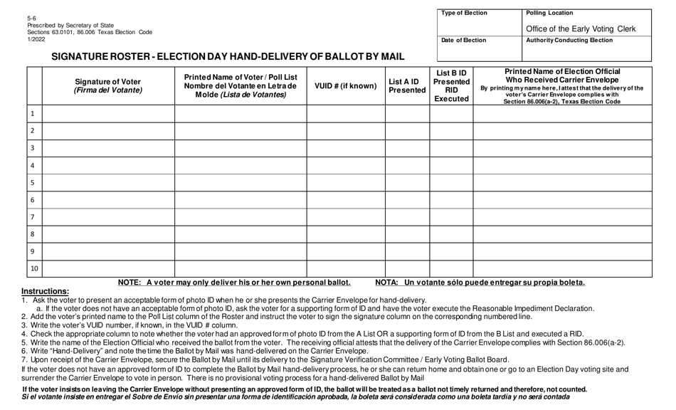 Form 5-6 Signature Roster - Election Day Hand-Delivery of Ballot by Mail - Texas, Page 1