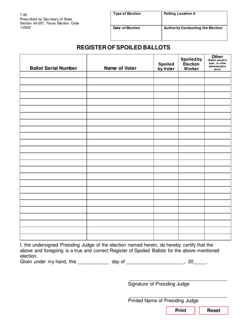 Form 7-80 Register of Spoiled Ballots - Texas