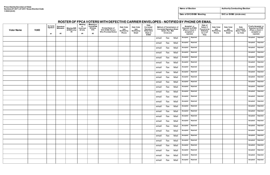 Form 8-22 Roster of Fpca Voters With Defective Carrier Envelopes - Notified by Phone or Email - Texas, Page 1