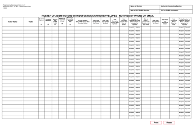 Document preview: Form 8-21 Roster of Abbm Voters With Defective Carrier Envelopes - Notified by Phone or Email - Texas