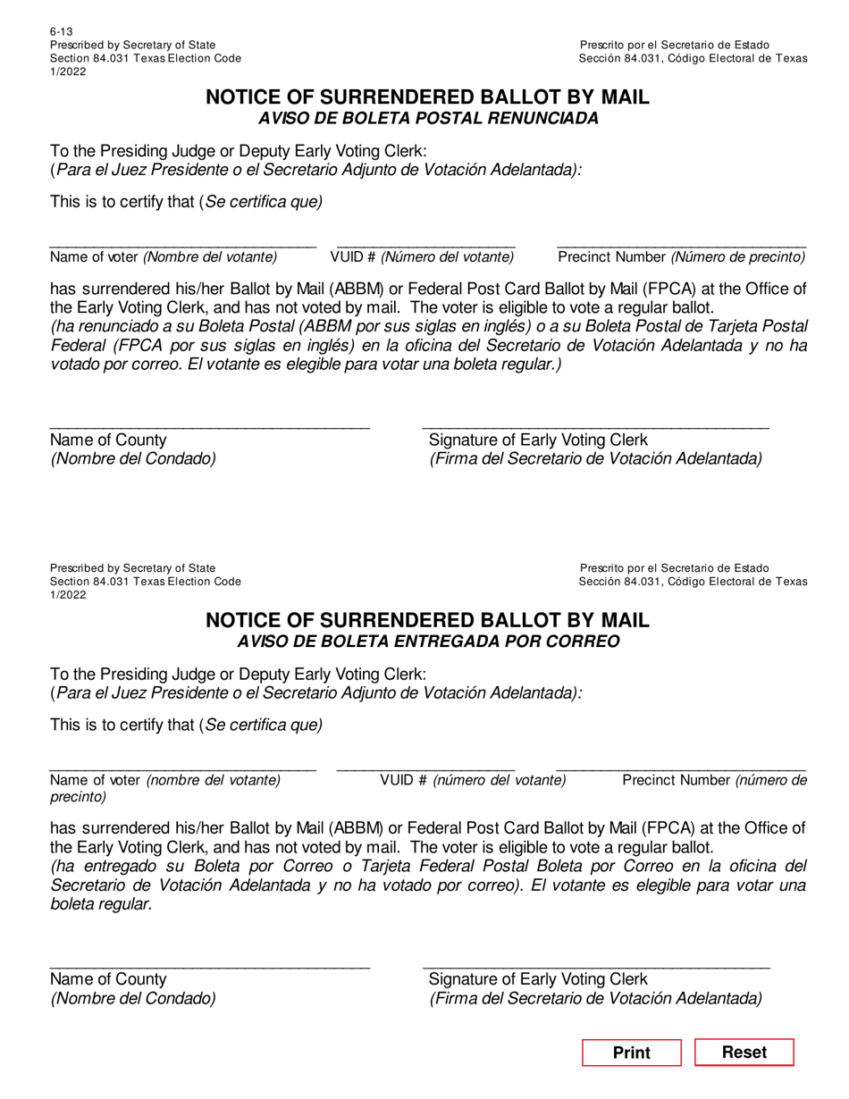 Form 6-13 Notice of Surrendered Ballot by Mail - Texas (English / Spanish), Page 1