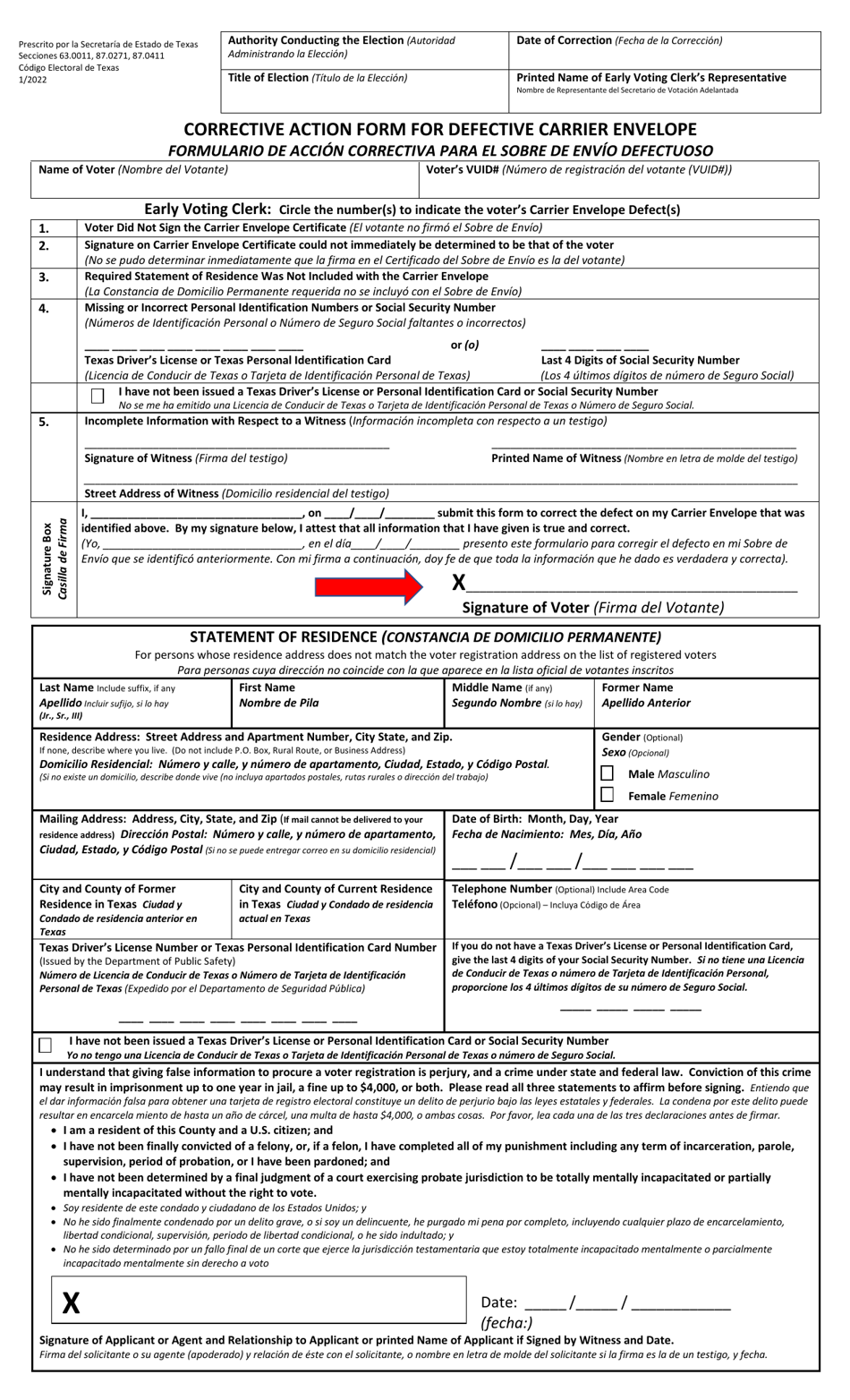 Form 8-23 Notice of Carrier Defect - Carrier Envelope Returned by to Voter by Mail - Texas (English / Spanish), Page 2