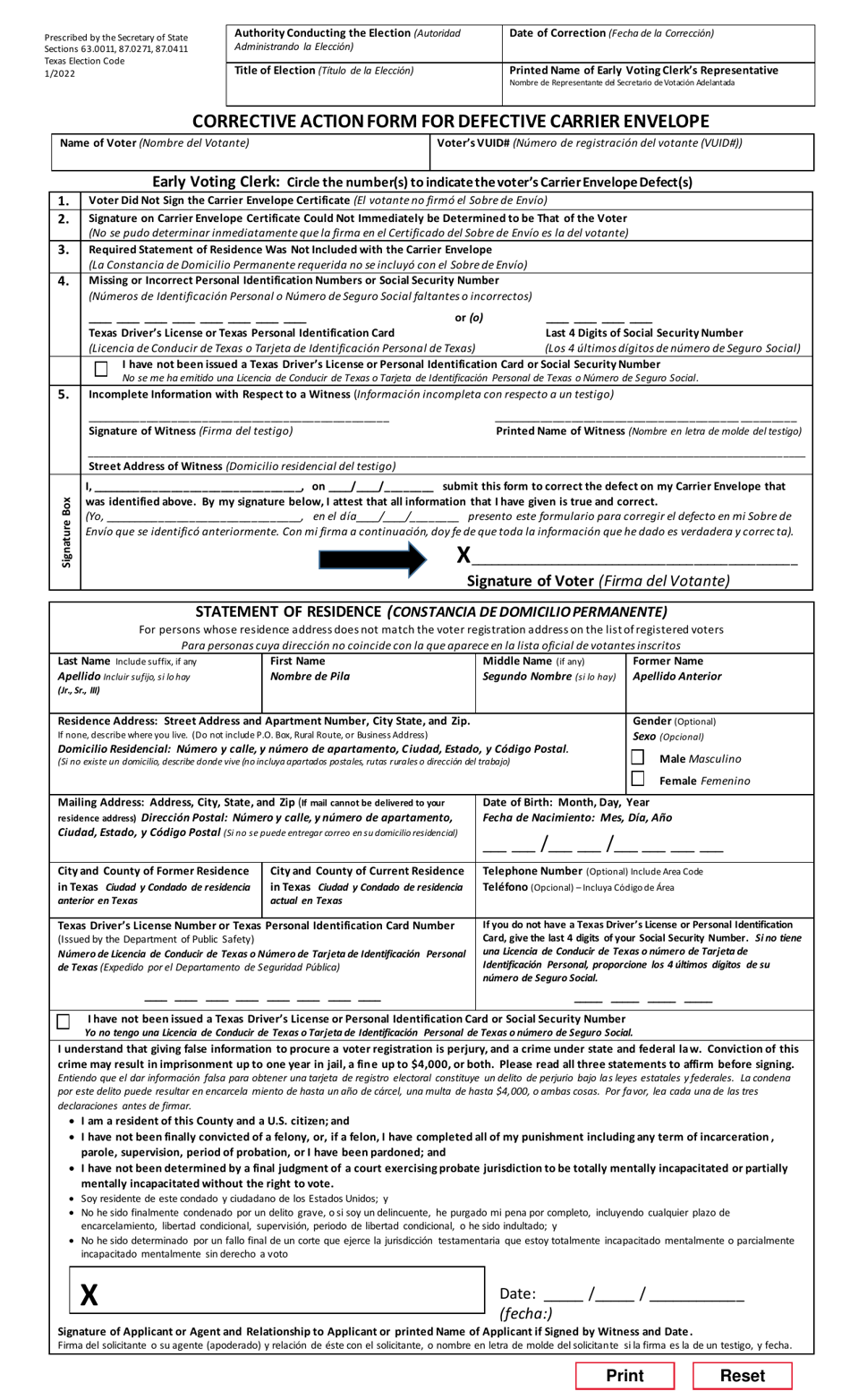 Form 8-24 Notice of Carrier Defect - Voter Notified of Carrier Envelope Defect by Phone or Email - Texas (English / Spanish), Page 2