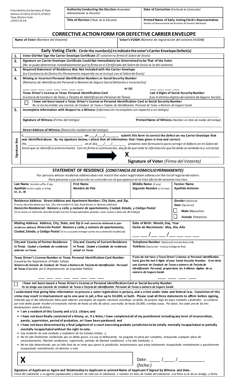 Form 6-14 Corrective Action Form for Defective Carrier Envelope - Texas (English/Spanish), Page 1