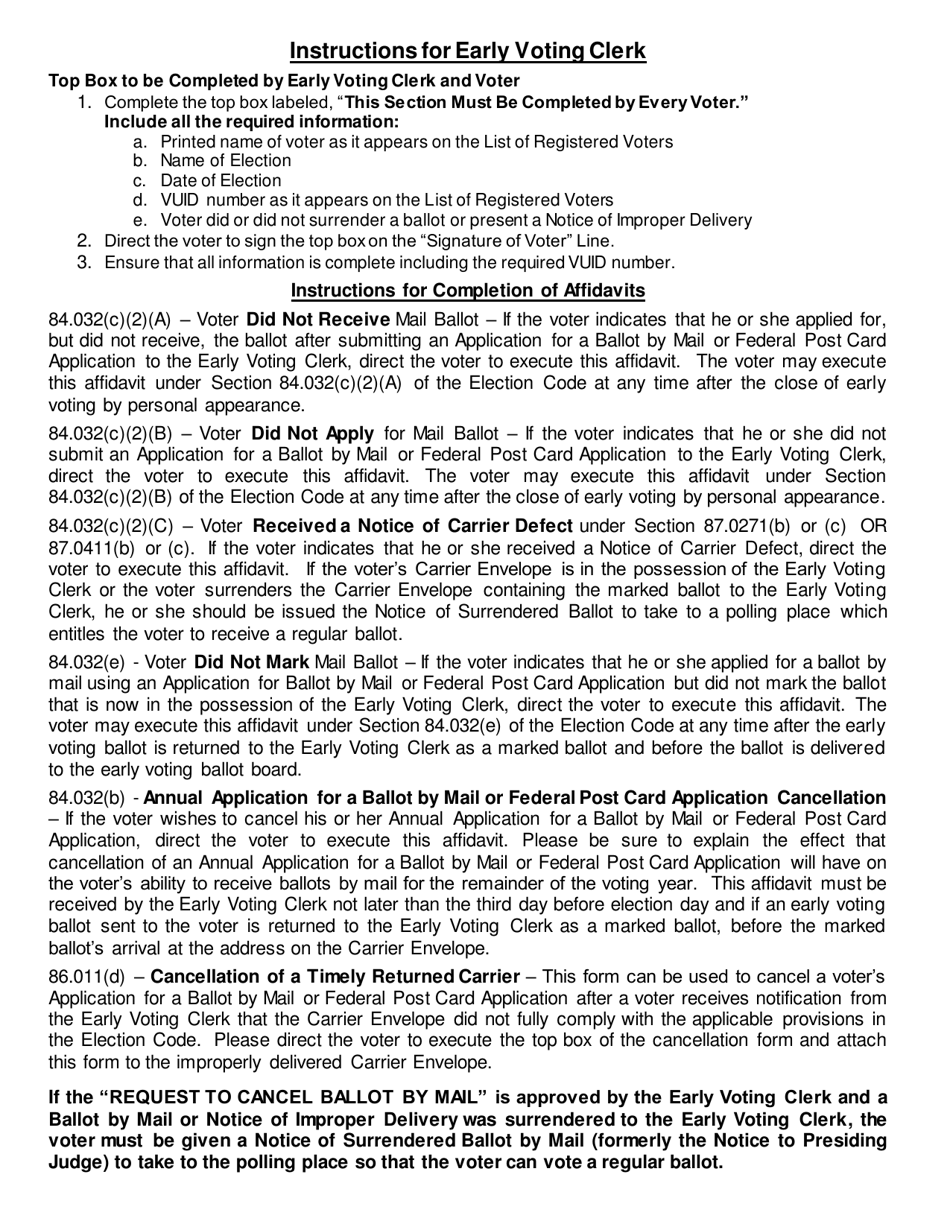 Form 6-6 Request to Cancel Ballot by Mail for Use in the Early Voting Clerks Office - Texas, Page 2