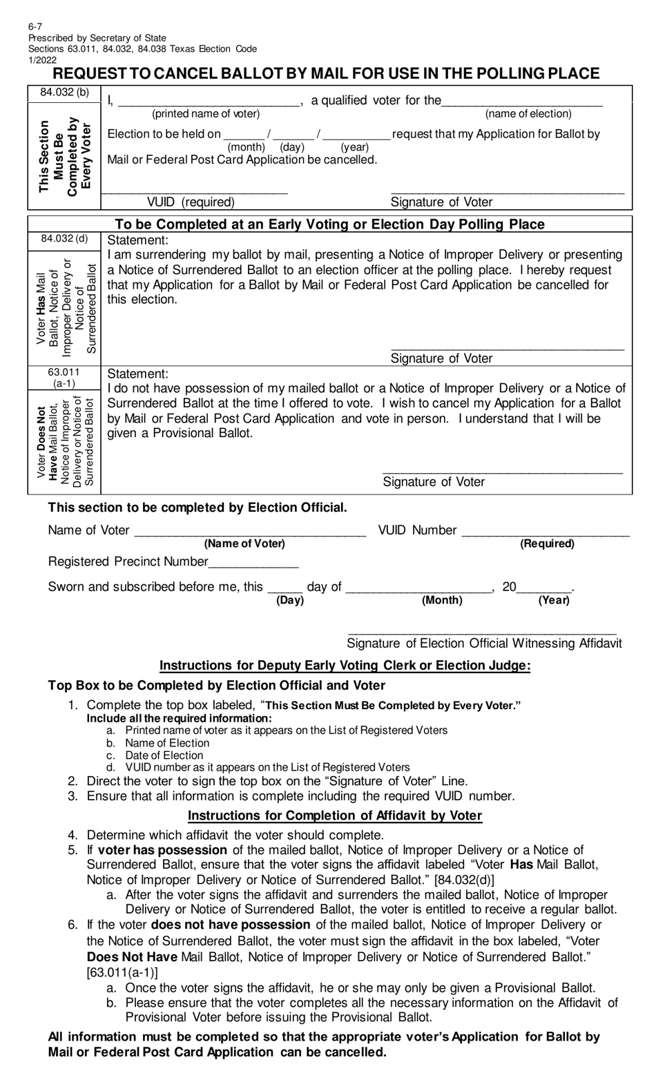 Form 6-7 Request to Cancel Ballot by Mail for Use in the Polling Place - Texas, Page 1