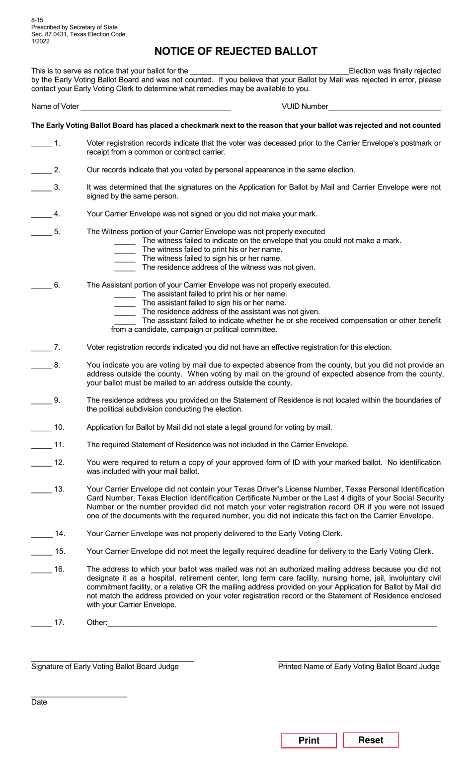 Form 8-15 Notice of Rejected Ballot - Texas (English / Spanish), Page 1