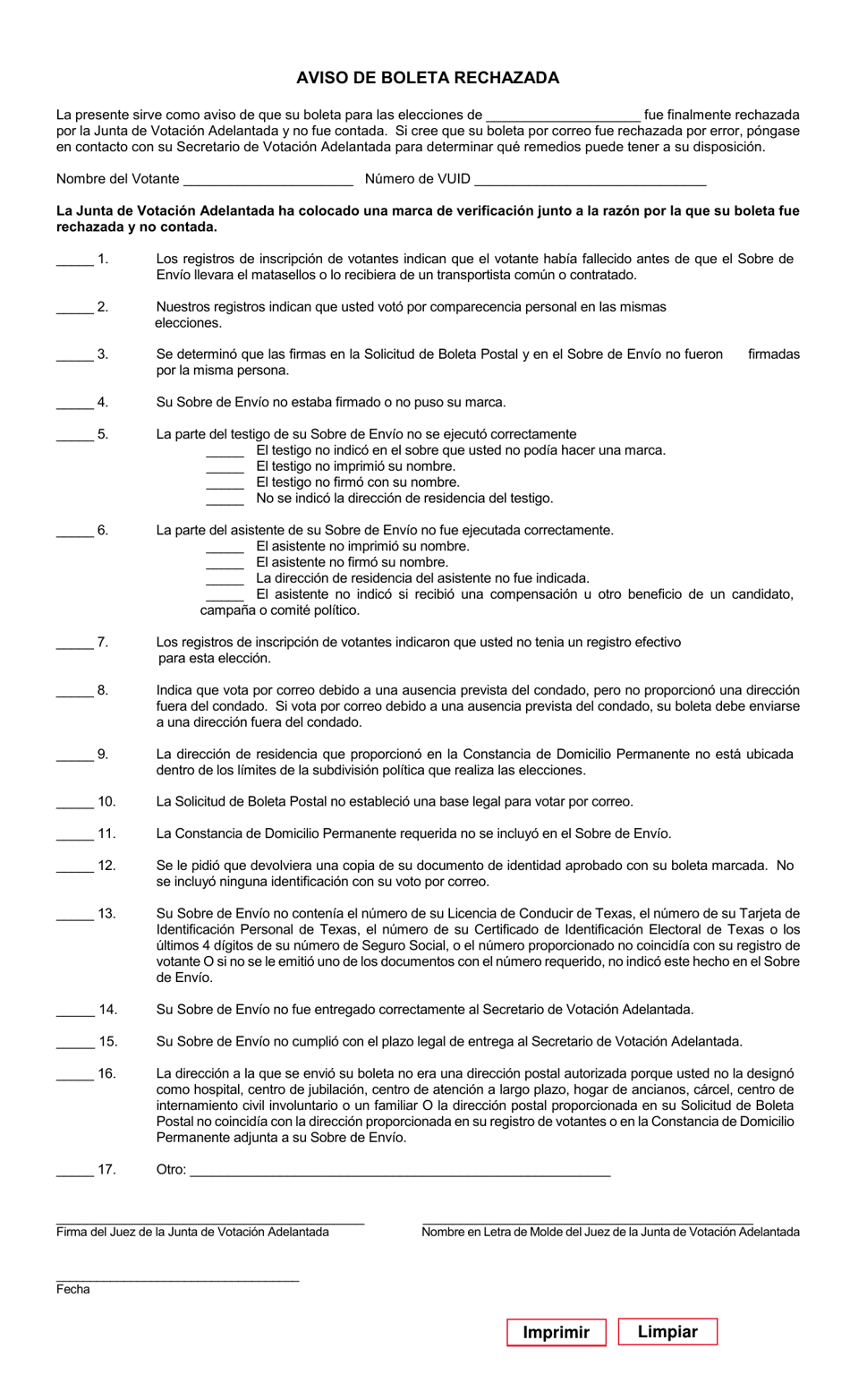 Form 8-15 Notice of Rejected Ballot - Texas (English / Spanish), Page 2
