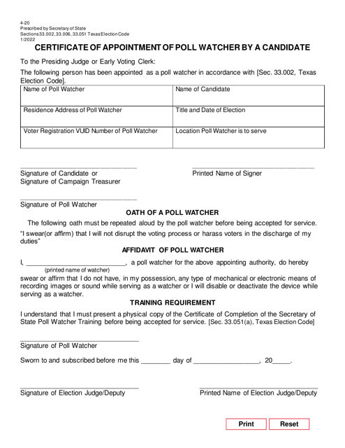 Form 4-20 Certificate of Appointment of Poll Watcher by a Candidate - Texas