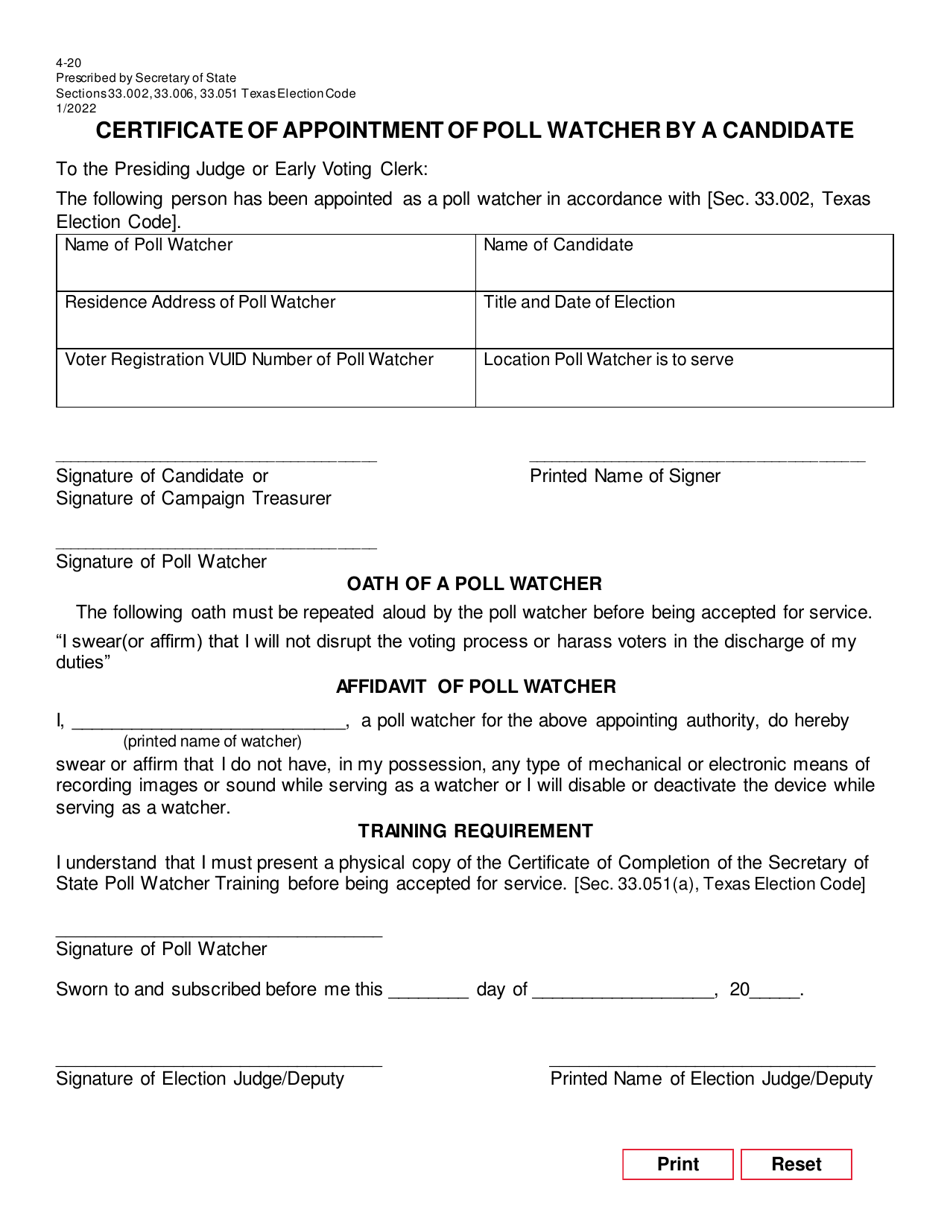 Form 4-20 Certificate of Appointment of Poll Watcher by a Candidate - Texas, Page 1