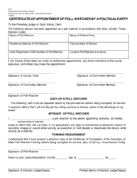 Document preview: Form 4-21 Certificate of Appointment of Poll Watcher by a Political Party - Texas