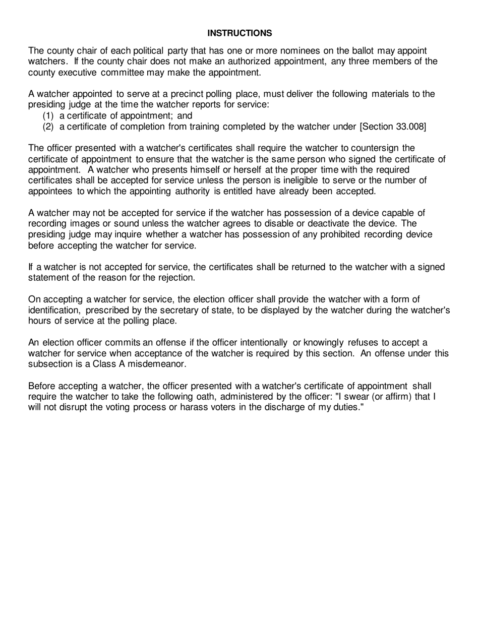 Form 4-21 Certificate of Appointment of Poll Watcher by a Political Party - Texas, Page 2