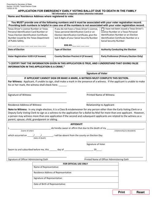 Form 5-16 Application for Emergency Early Voting Ballot Due to Death in the Family - Texas (English/Spanish)