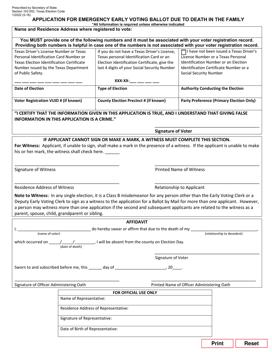 Form 5-16 Application for Emergency Early Voting Ballot Due to Death in the Family - Texas (English / Spanish), Page 1
