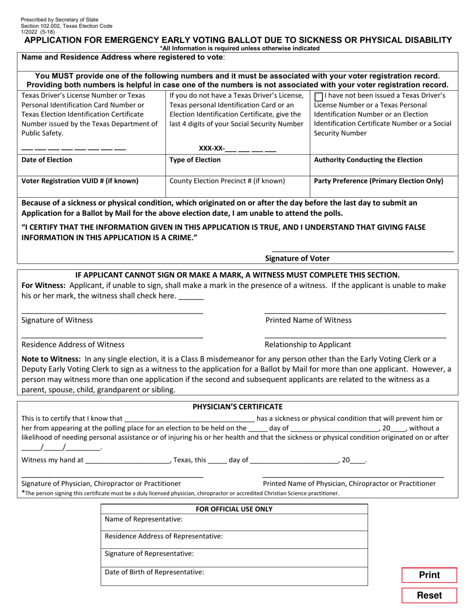 Form 5-18 Application for Emergency Early Voting Ballot Due to Sickness or Physical Disability - Texas (English / Spanish), Page 1