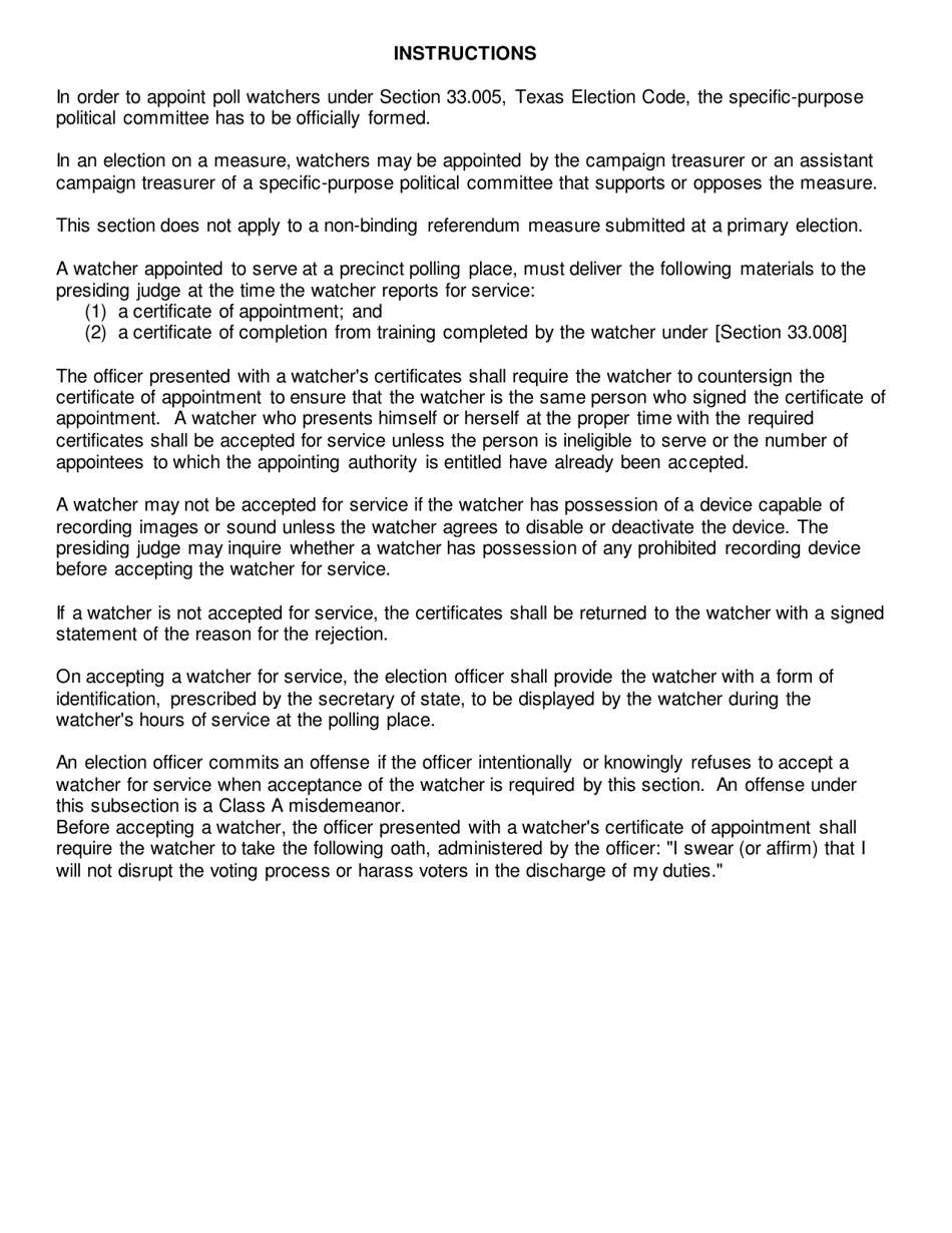 Form 4-22 Certificate of Appointment of Poll Watcher for Propositions or Measures - Texas, Page 2