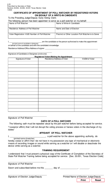 Form 4-23 Certificate of Appointment of Poll Watcher by Registered Voters on Behalf of a Write-In Candidate - Texas