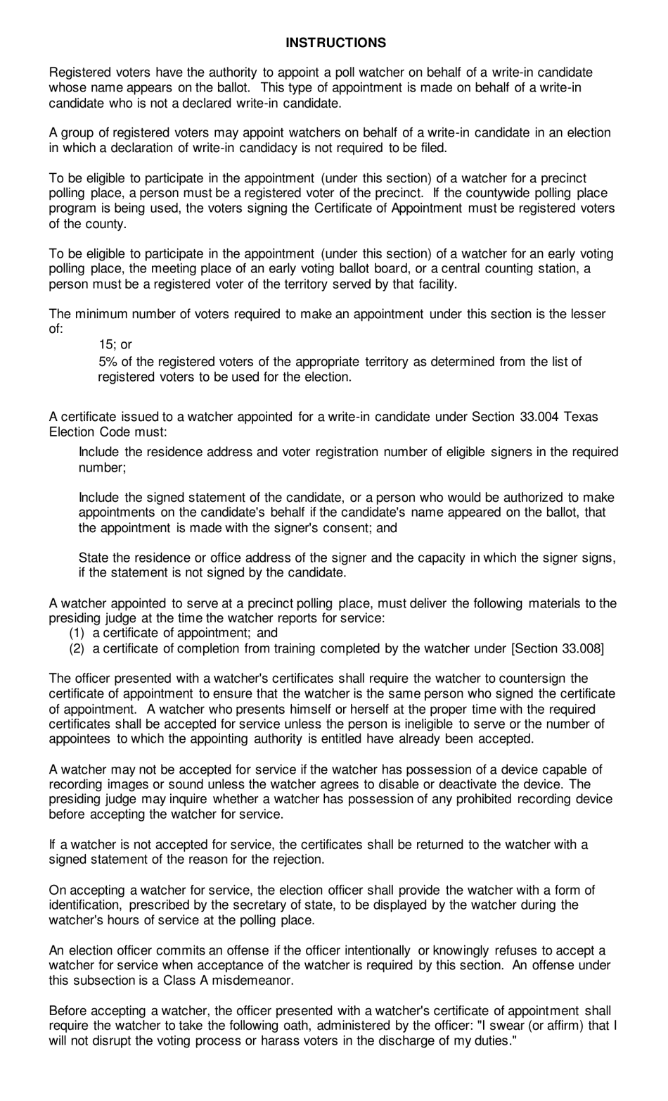 Form 4-23 Certificate of Appointment of Poll Watcher by Registered Voters on Behalf of a Write-In Candidate - Texas, Page 2