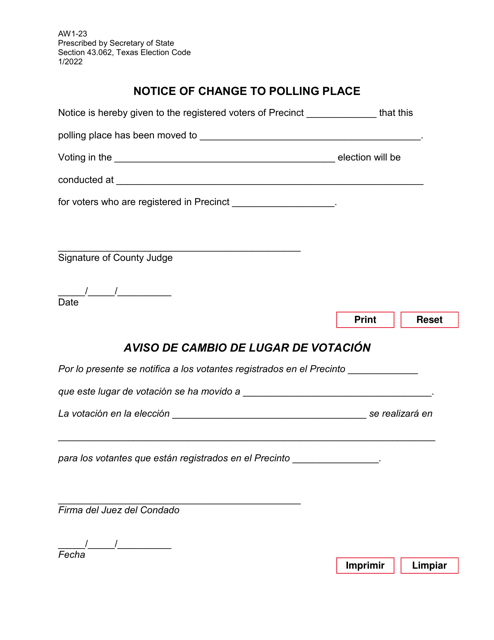 Form AW1-23 Notice of Change to Polling Place - Texas (English/Spanish)