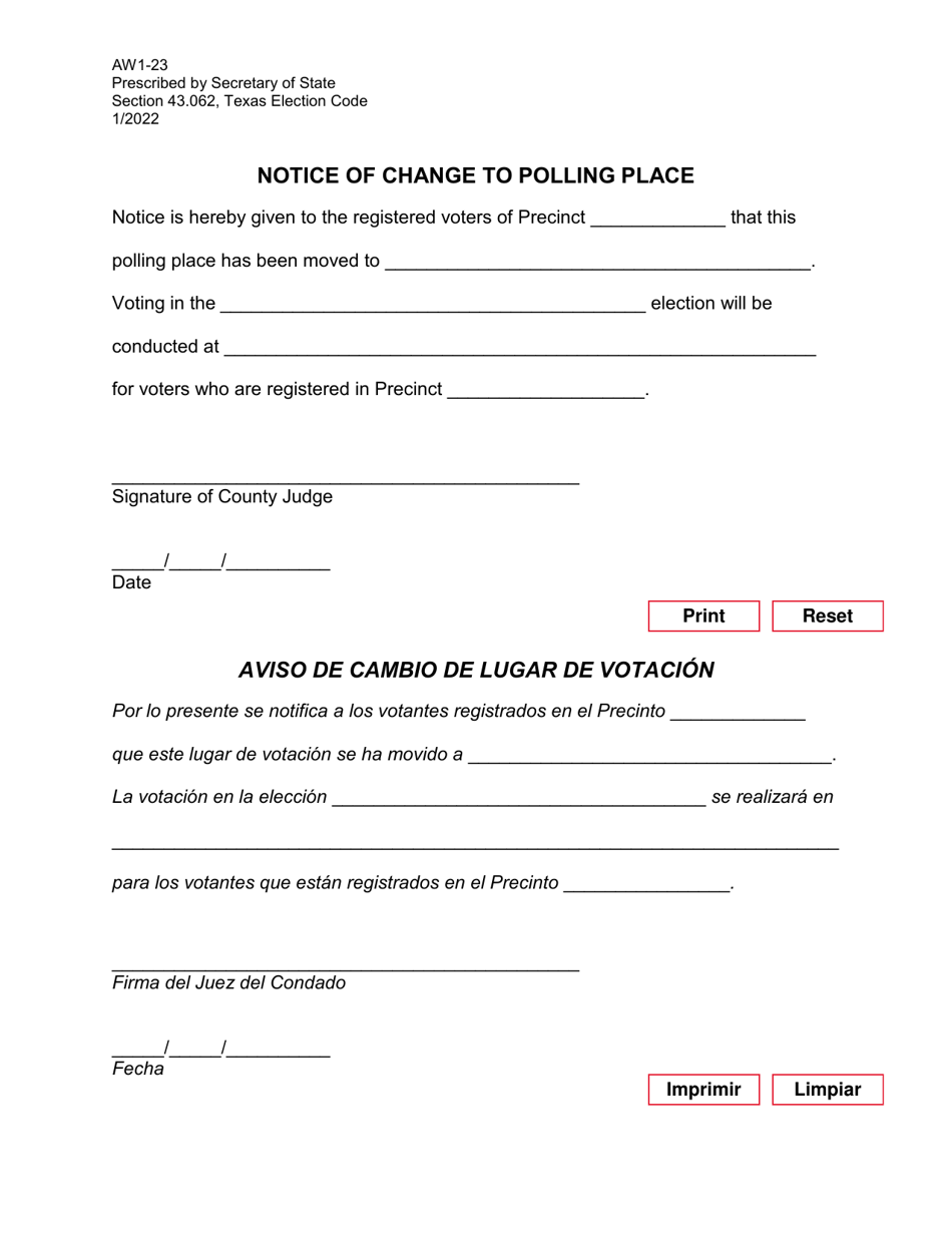Form AW1-23 Notice of Change to Polling Place - Texas (English / Spanish), Page 1