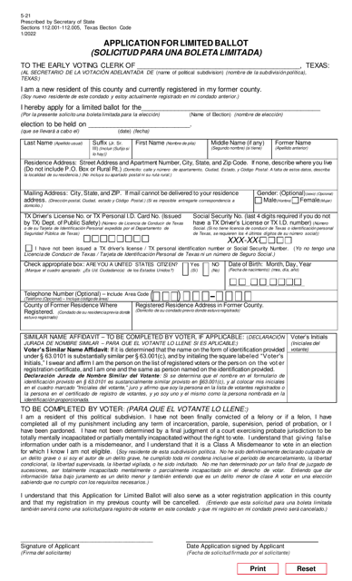 Form 5-28 Application for Limited Ballot - Texas (English/Spanish)