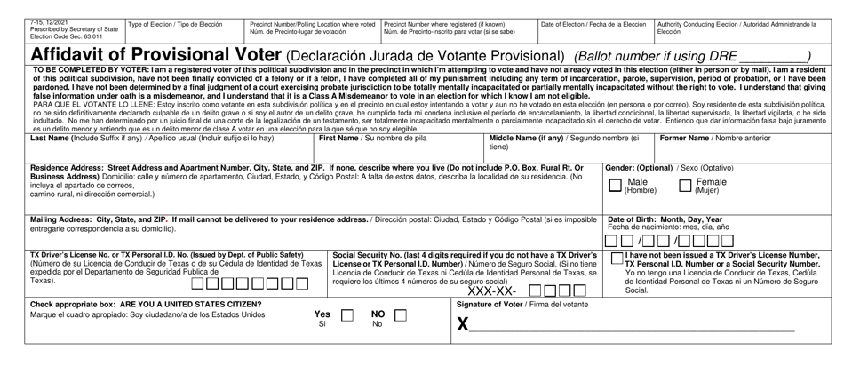 Form 7-15 Affidavit of Provisional Voter - Texas (English / Spanish), Page 1