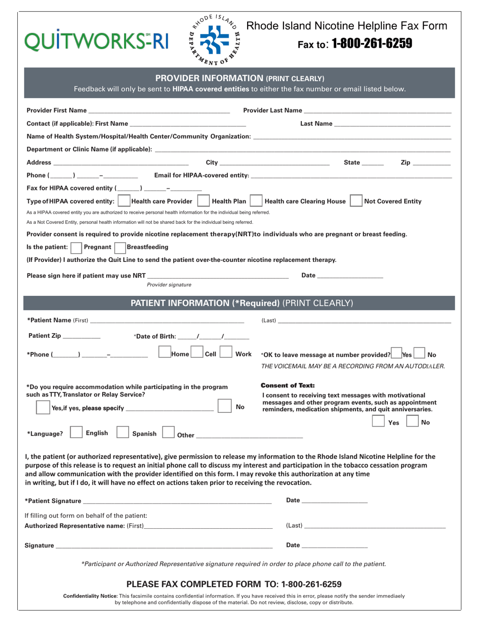 Nicotine Helpline Fax Form - Rhode Island, Page 1