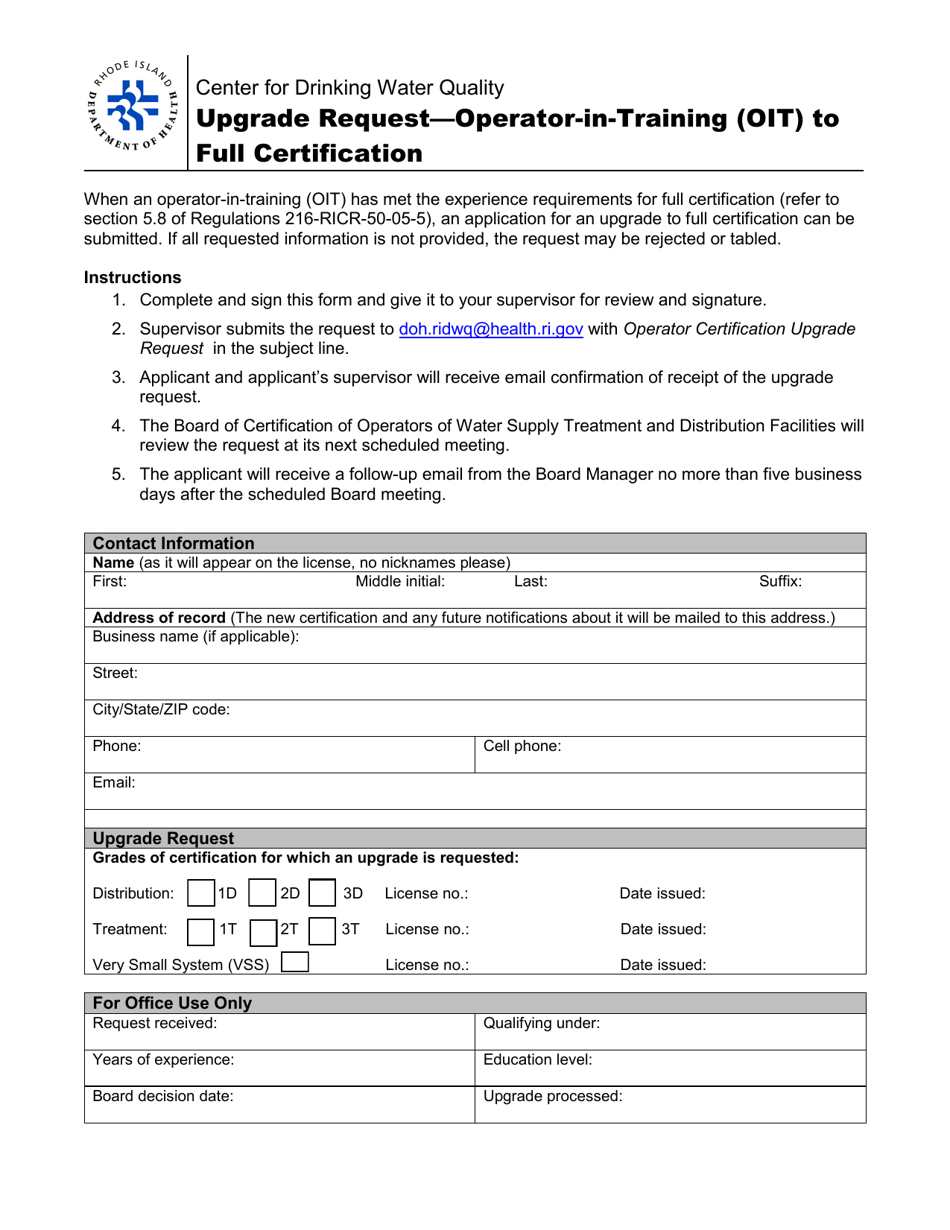 Upgrade Request - Operator-In-training (Oit) to Full Certification - Rhode Island, Page 1