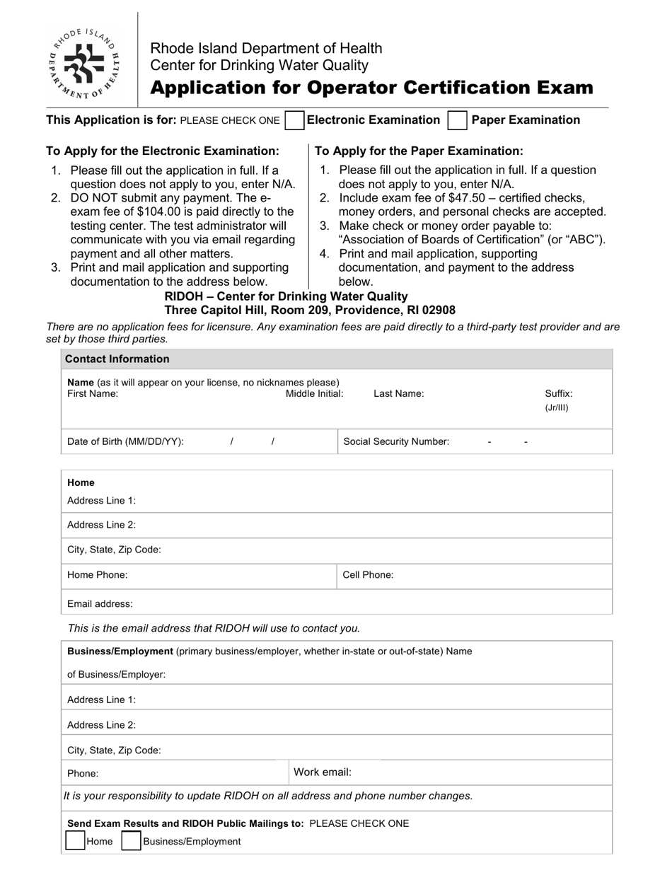 Application for Operator Certification Exam - Rhode Island, Page 1
