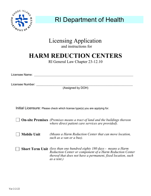 Licensing Application for Harm Reduction Centers - Rhode Island Download Pdf