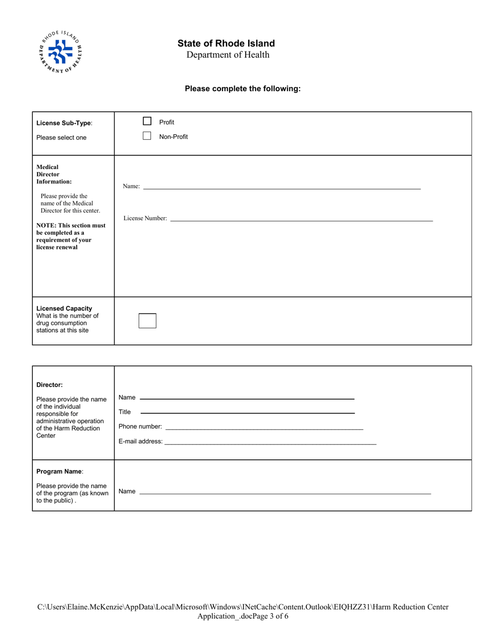 Licensing Application for Harm Reduction Centers - Rhode Island, Page 3