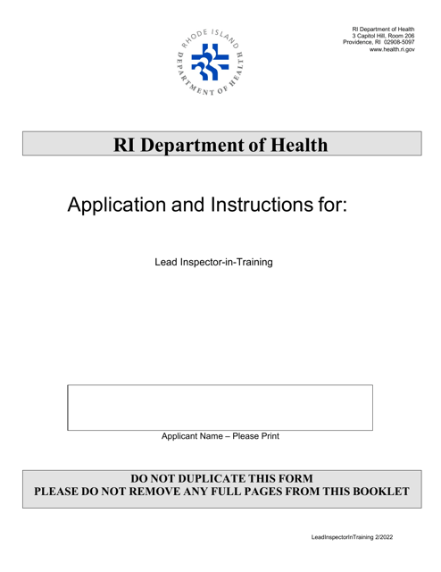 Application for Lead Inspector-In-training - Rhode Island Download Pdf