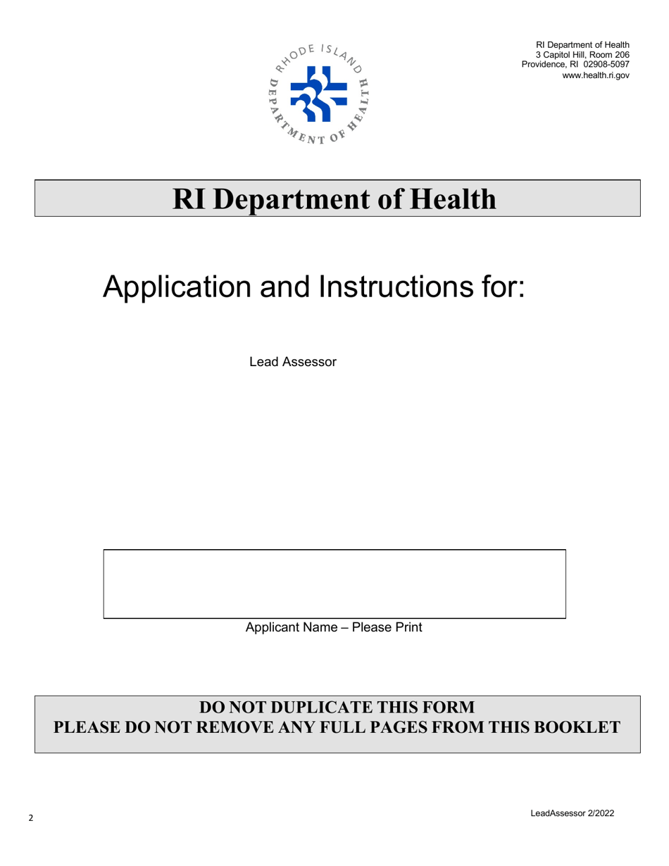 Rhode Island Application for Lead Assessor Download Printable PDF