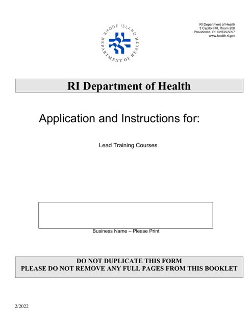 Application for Lead Training Courses - Rhode Island Download Pdf