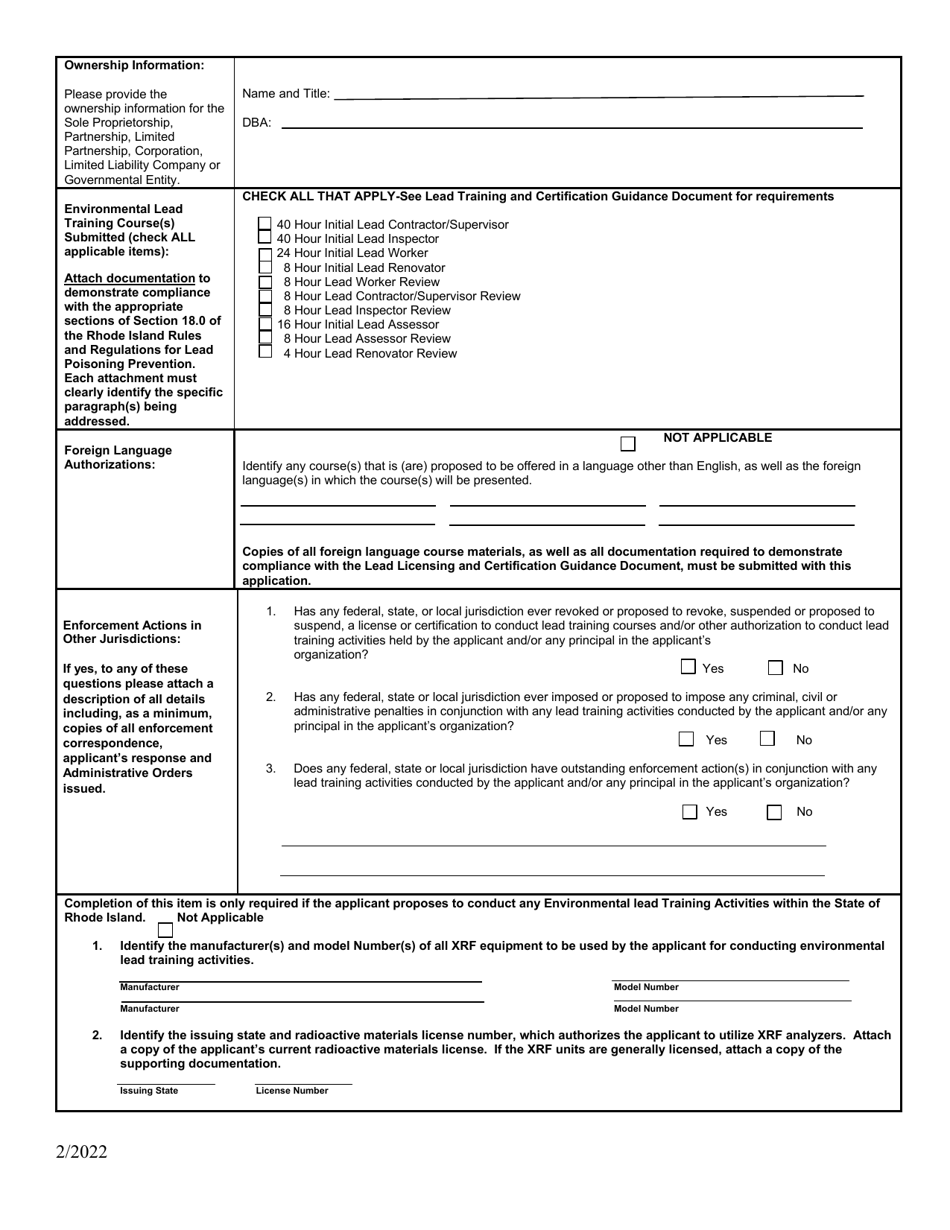 Rhode Island Application for Lead Training Courses Download Printable