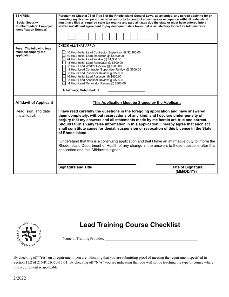 Rhode Island Application for Lead Training Courses Download Printable