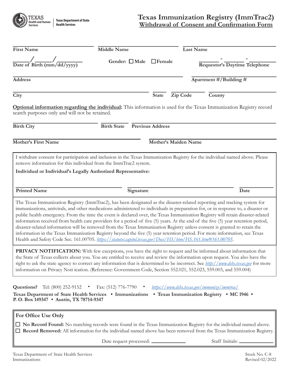 Texas Immunization Registry (Immtrac2) - Withdrawal of Consent and Confirmation Form - Texas (English / Spanish), Page 1