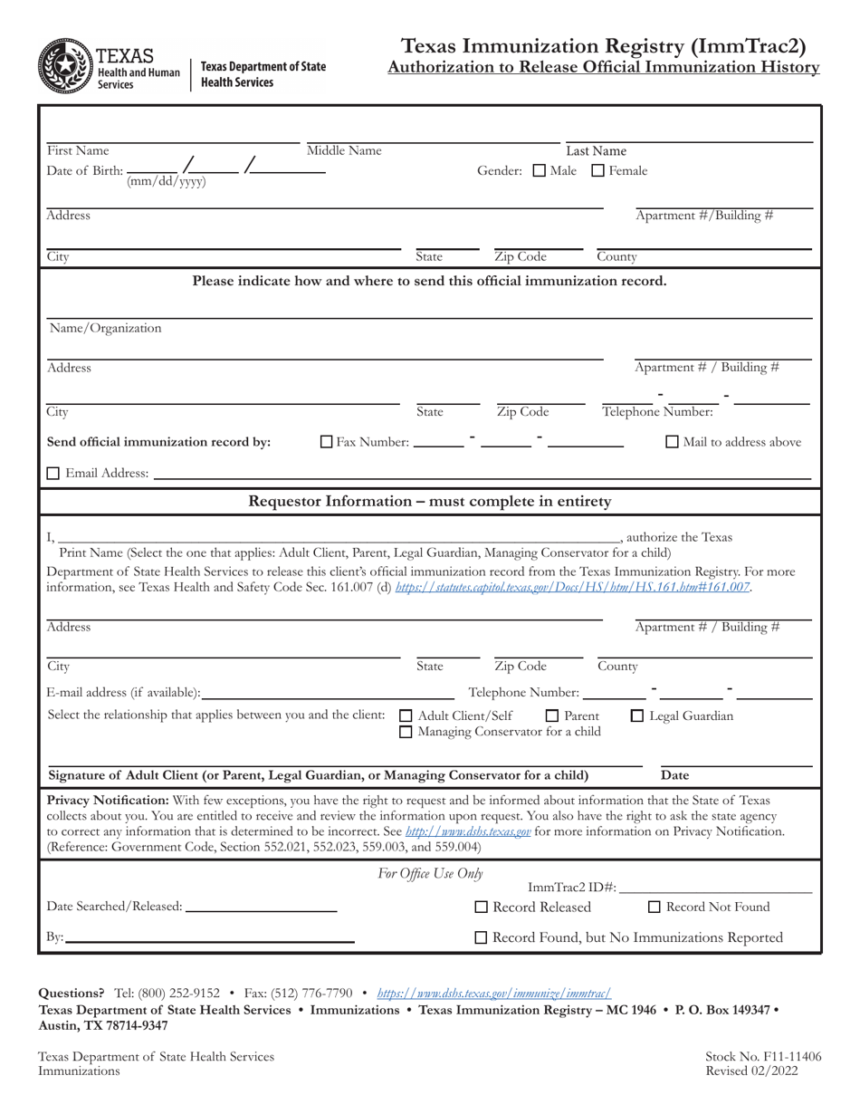 Texas Immunization Registry (Immtrac2) Authorization to Release Official Immunization History - Texas (English / Spanish), Page 1