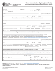 Document preview: Texas Immunization Registry (Immtrac2) Authorization to Release Official Immunization History - Texas (English/Spanish)