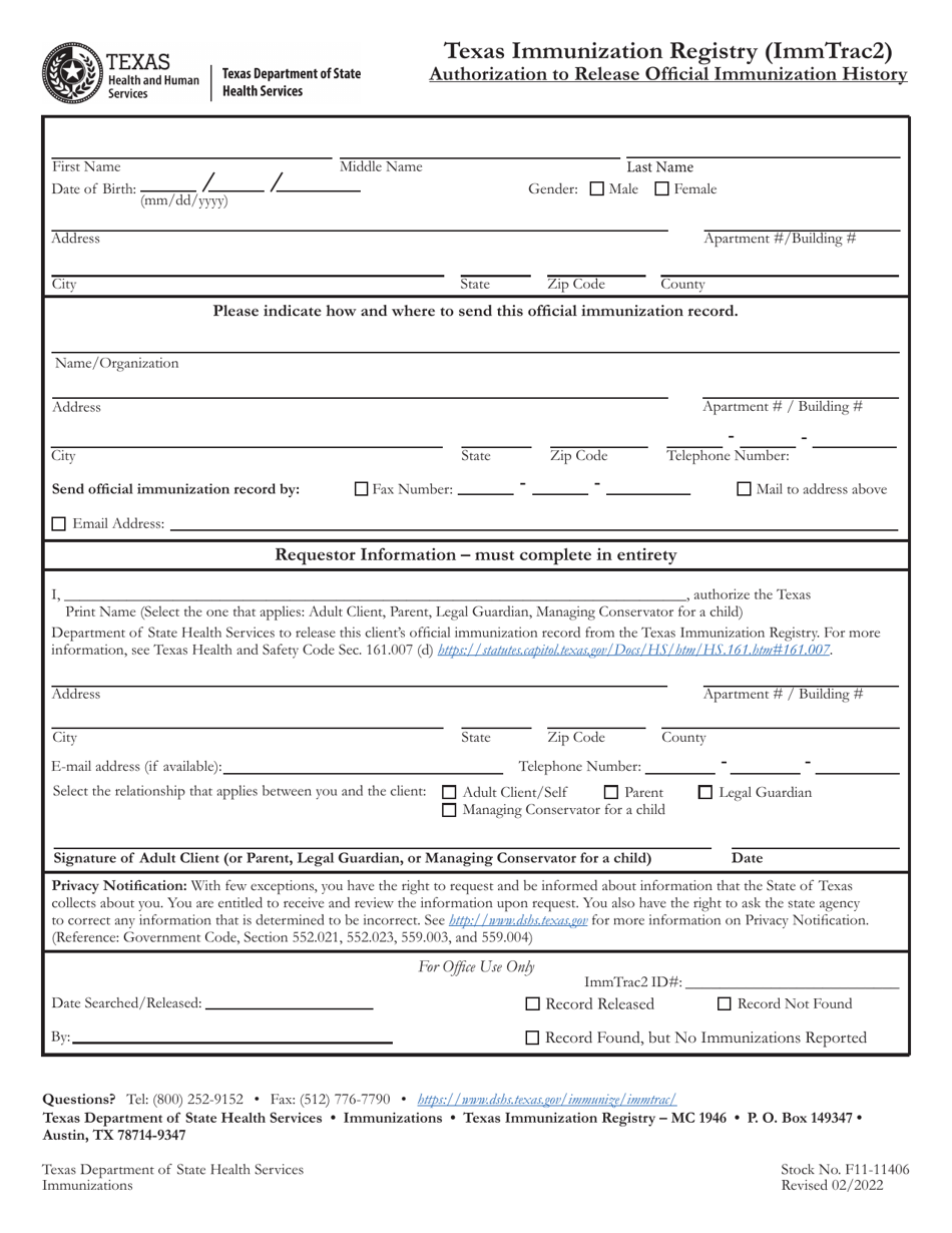 Texas Texas Immunization Registry (Immtrac2) Authorization to Release ...