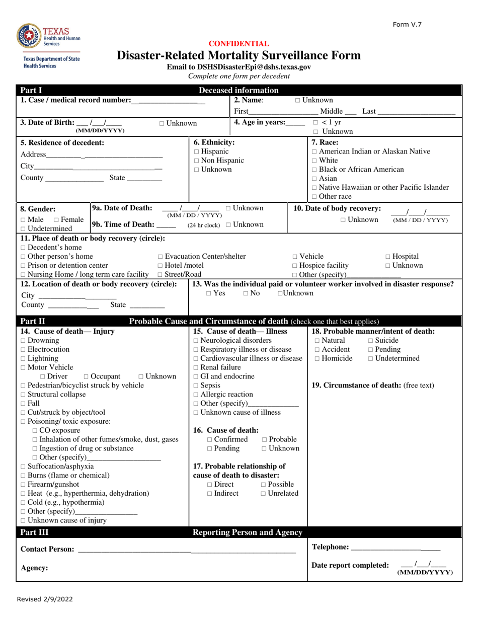 Form V.7 Disaster-Related Mortality Surveillance Form - Texas, Page 1