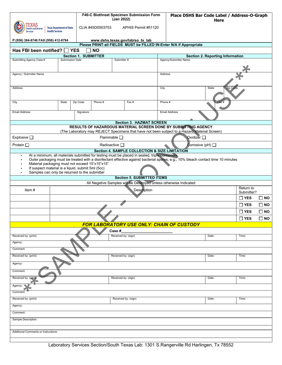 Form F40-C Biothreat Specimen Submission Form - Sample - Texas, Page 1