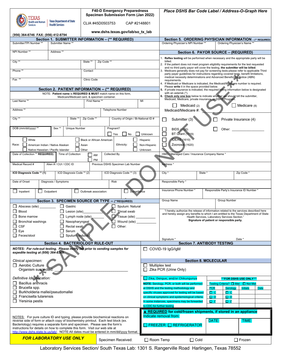 Form F40-D Emergency Preparedness Specimen Submission Form - Sample - Texas, Page 1