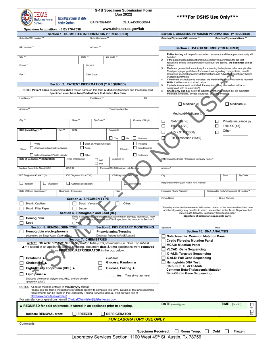 Form G-1B Biochemistry and Genetics Specimen Submission Form - Sample - Texas, Page 1