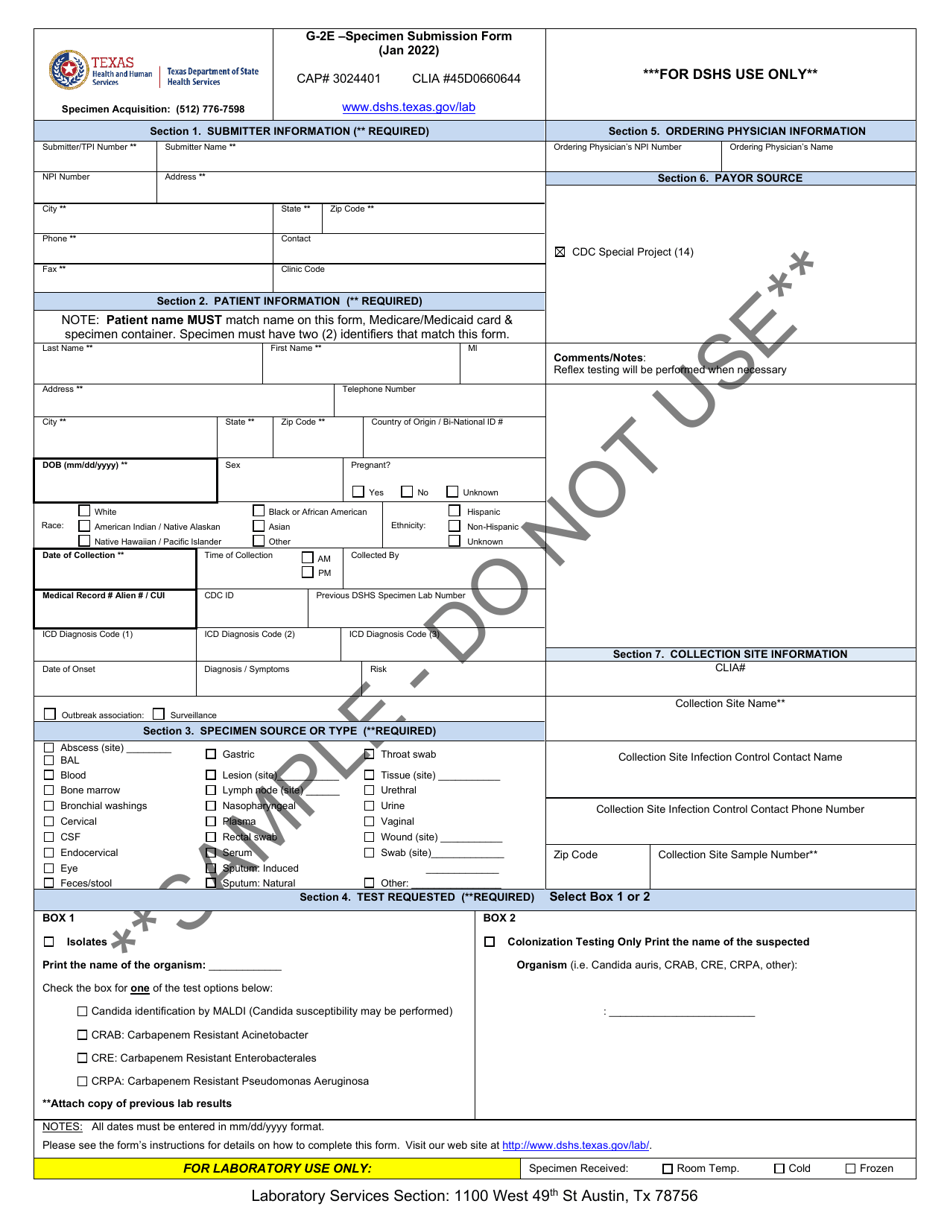 Form G-2E Epidemiological Studies and CDC Special Projects Submission Form - Sample - Texas, Page 1
