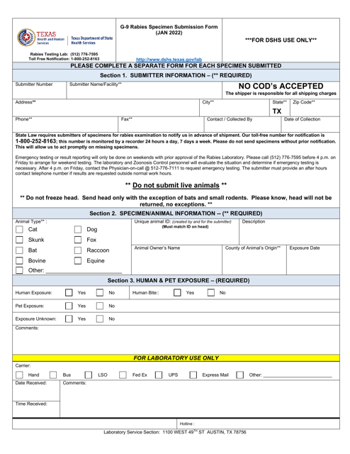 Form G-9 Rabies Specimen Submission Form - Texas