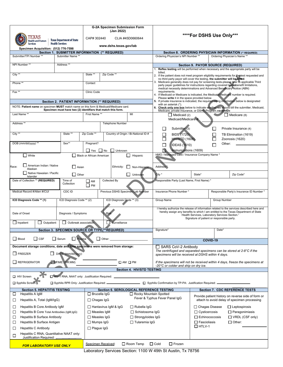 Form G-2A Serology Specimen Submission Form - Sample - Texas, Page 1