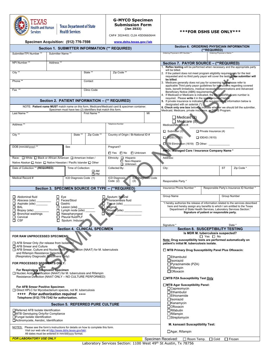 Form G-MYCO Mycobacteriology / Mycology Specimen Submission Form - Sample - Texas, Page 1