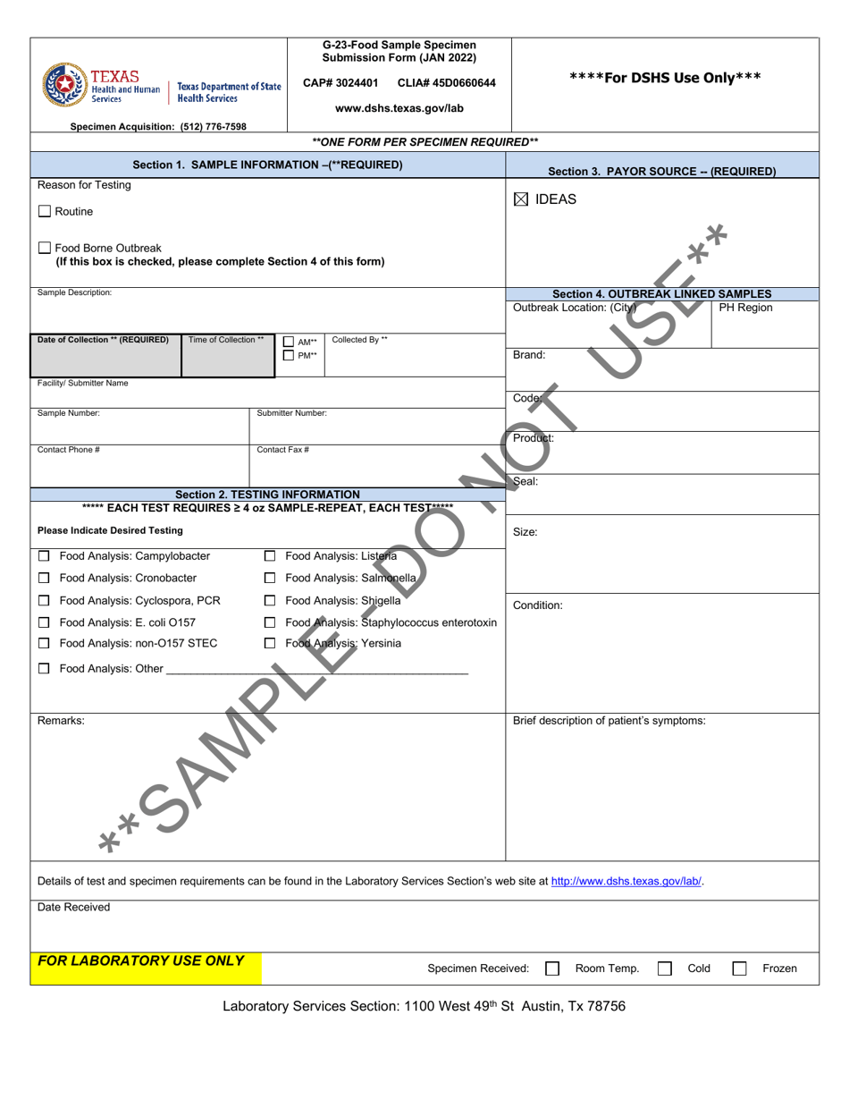 Form G-23 Download Printable PDF or Fill Online Food Sample Specimen ...